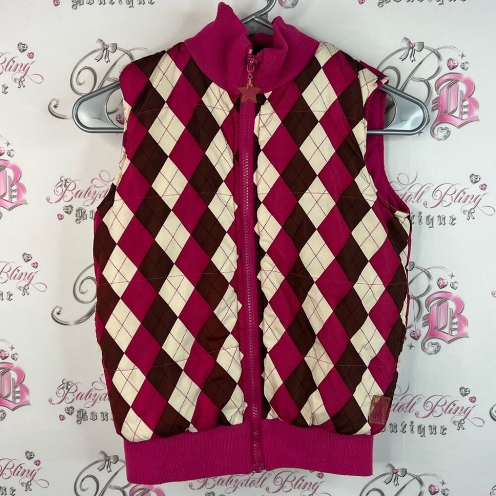 La SENZA girl vest vintage y2k diamond Pink and Brown white star Argyle Zip-Up